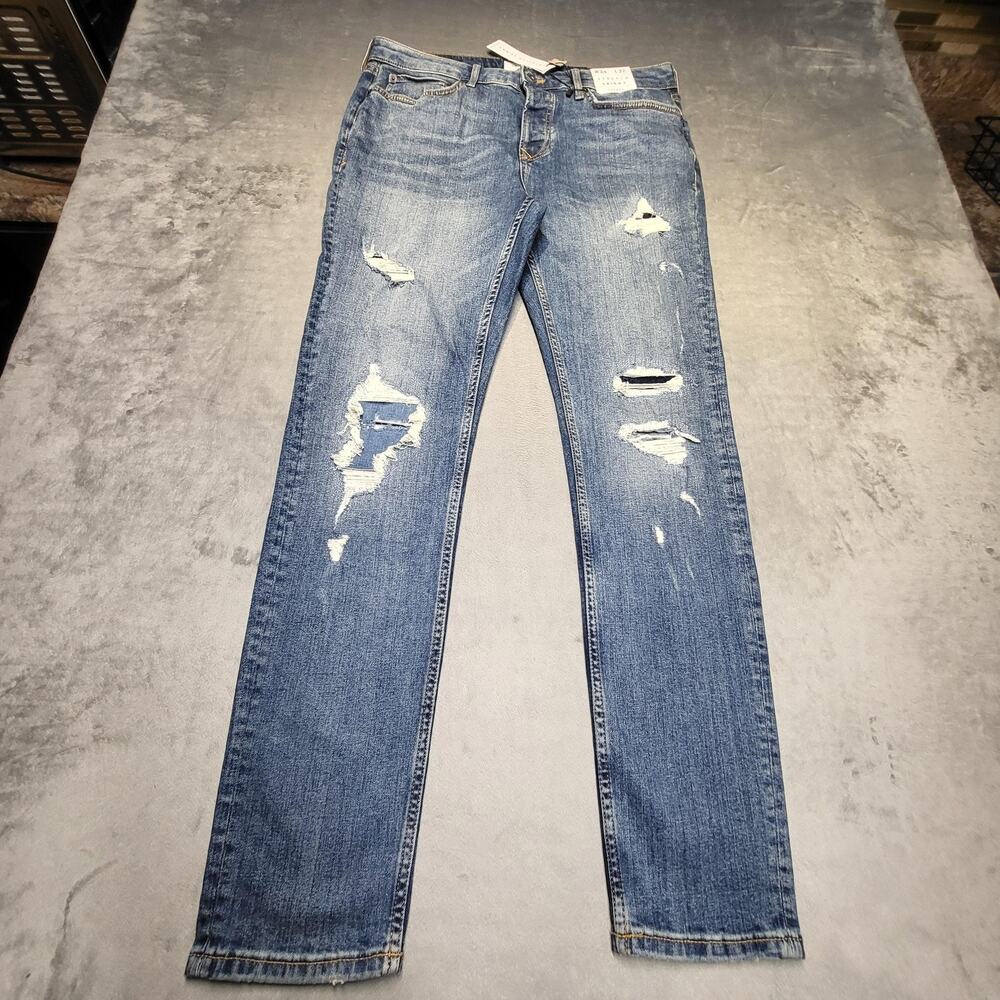 Topman Jeans Mens 34x32 Blue Skinny Stretch Distressed Medium Wash Button Fly
